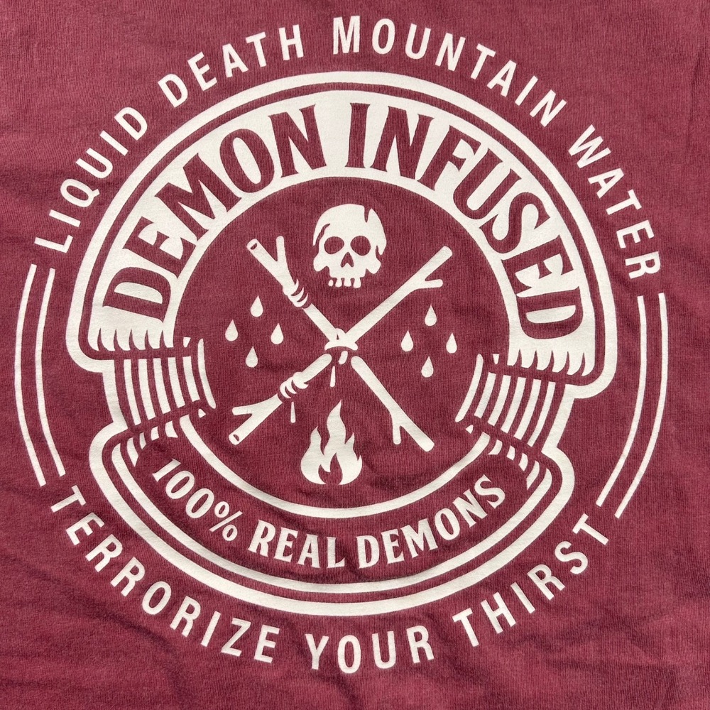 Liquid Death Limited Demon Infused T-Shirt Mens M Maroon Red Skull Flame 2022
